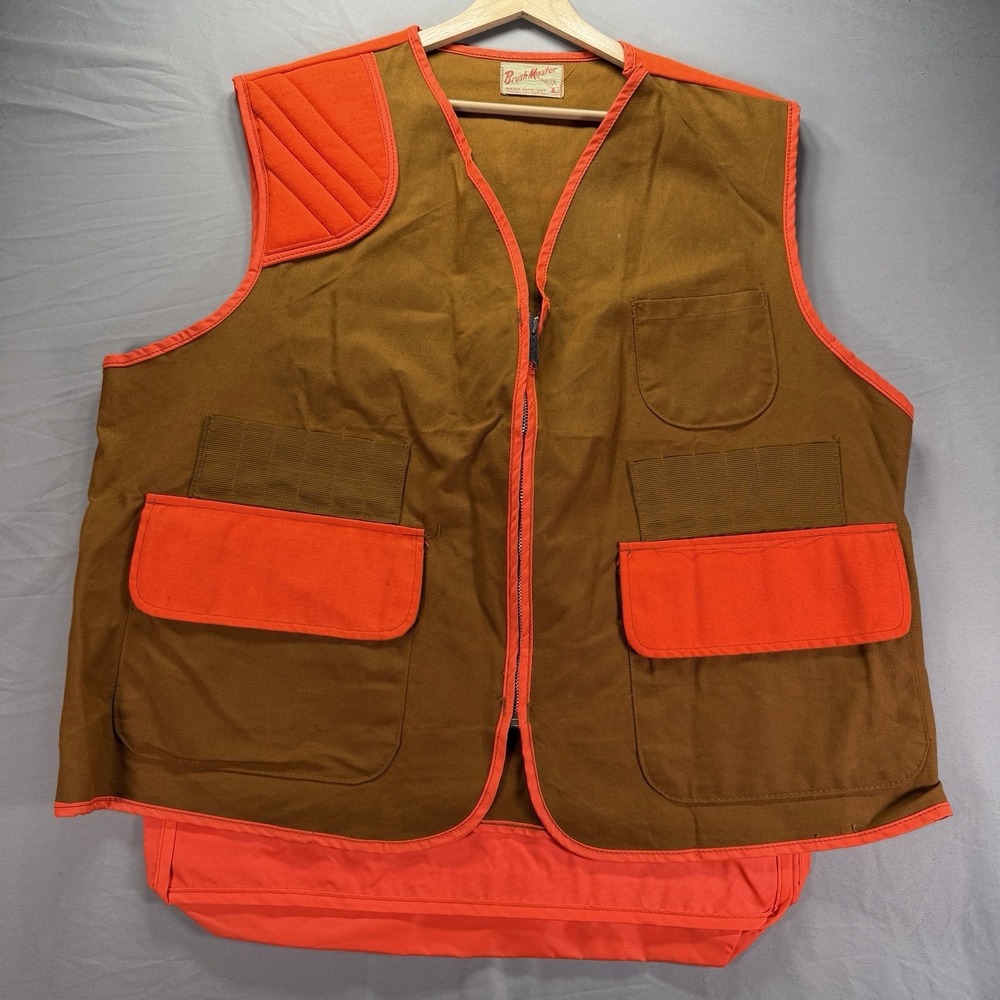 Vintage Duck Canvas Hunting Vest Mens XL Brush Master Orange High Visibility 70s